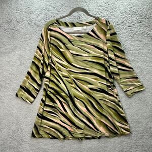 Belle by Kim Gravel Large Green Black Tiger Print Blouse 3/4 Sleeves Casual EUC